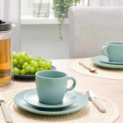 FÄRGKLAR Cup with saucer, matt light turquoise, 25 cl