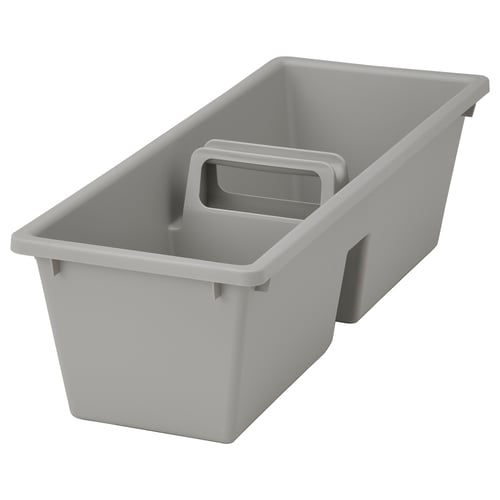 This is a FÅNGGRÖDA grey plastic drawer organiser with two compartments and a handle.