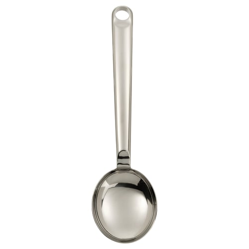 Stainless steel FINMAT spoon, round bowl, long handle with hole, sleek design.