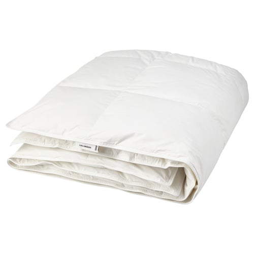 A white FJÄLLBRÄCKA duvet with a soft cotton cover and recycled down/feather filling, neatly folded.