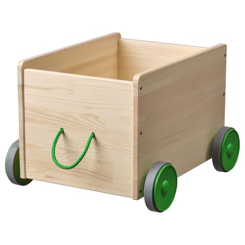 FLISAT toy cart: light wood, green wheels, rope handle, 4 casters, simple design.
