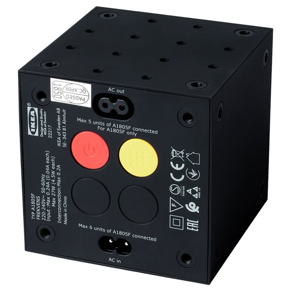 Black rectangular box with ac inputs/outputs, power button, and connexion ports. Displays several certifications and specifications in white text.