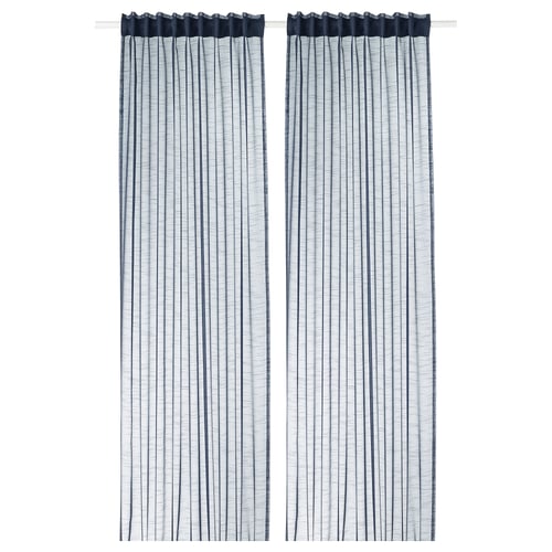 Two vertical striped blue-gray curtains with a sheer fabric for privacy and light flow, made from recycled polyester.