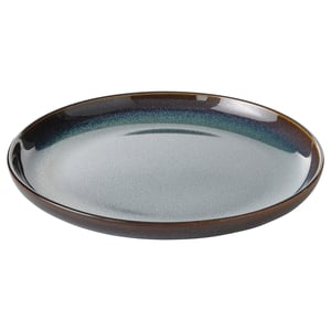 Round, ocean-blue GLADELIG side plate with golden rim, stoneware material, unique handcrafted design.