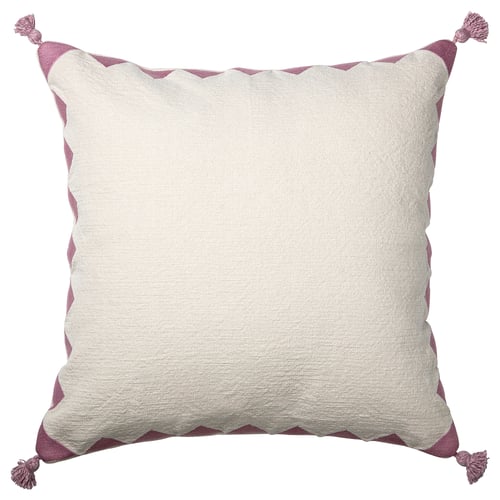 GOKVÄLLÅ cushion cover, cream with purple accents, square shape, featuring embroidered edges and corner tassels.
