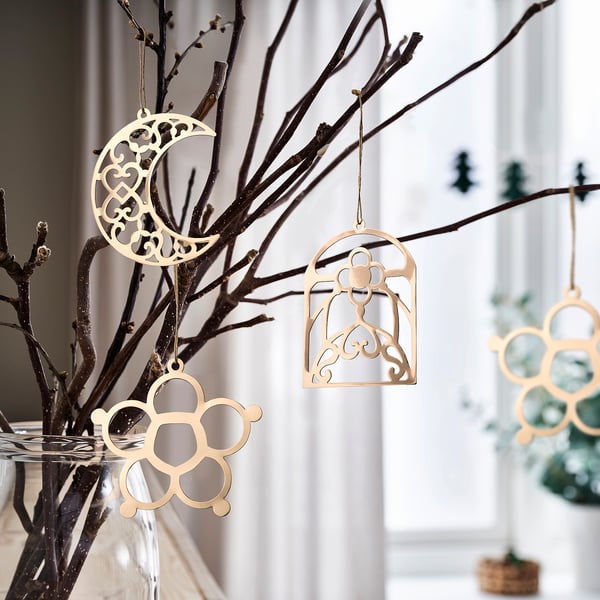 Copper GOKVÄLLÅ ornaments: window, flower, moon shapes on strings. Steel, jute. Smaller than vase.