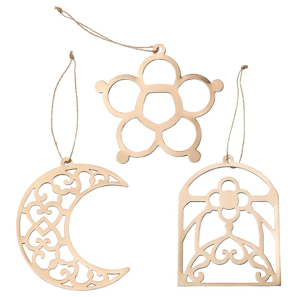 Three copper-colored laser-cut ornaments: flower, moon, window. Hanging strings included.