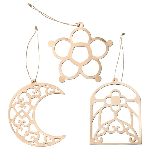 Three copper-colored laser-cut ornaments: flower, moon, window. Hanging strings included.