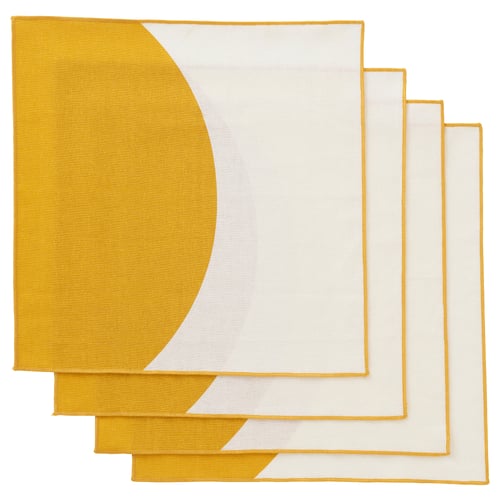 Four yellow and white GOKVÄLLÅ napkins, stacker, featuring moon design. Made of cotton and linen.