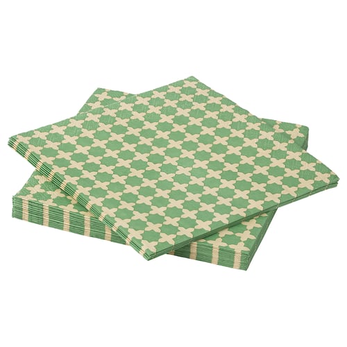 A stack of green and white patterned gokvallå napkins, made of paper, neatly folded.