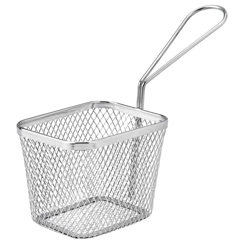 Stainless steel mesh basket with handle for serving food.