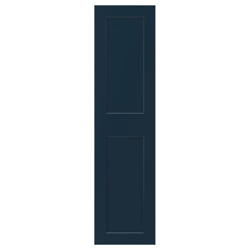 GRIMO: blue 2-panel door with wide frames, soft-close hinges, fiberboard, and bevelled inner edges.