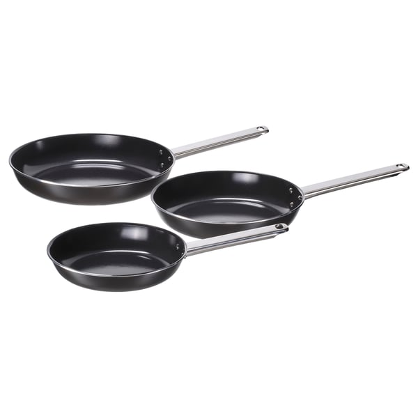 GULDÖRING Frying pan, set of 3, non-stick coating stainless steel/black-grey
