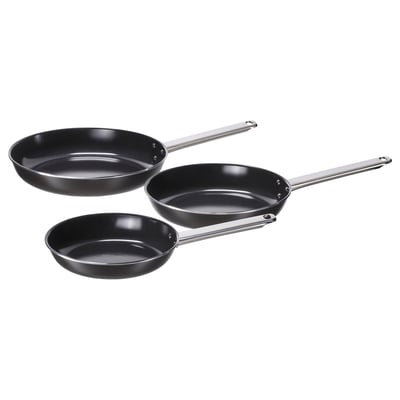 GULDÖRING Frying pan, set of 3, non-stick coating stainless steel/black-grey
