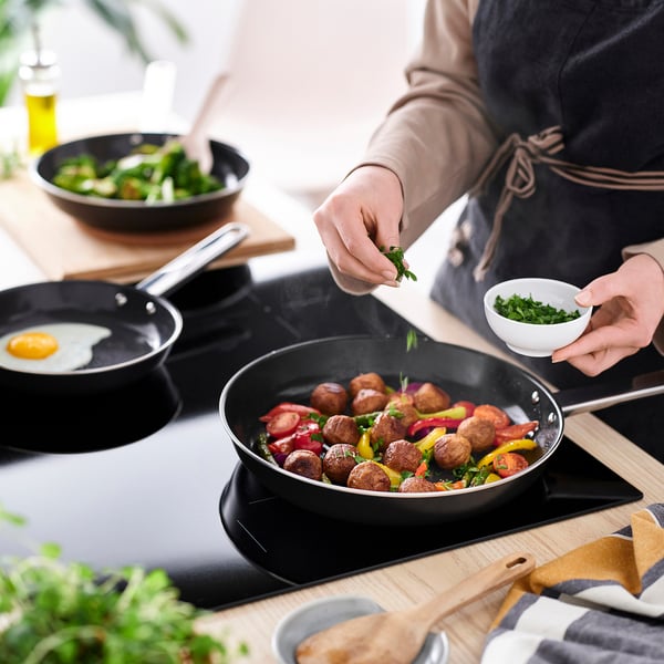 GULDÖRING Frying pan, set of 3, non-stick coating stainless steel/black-grey