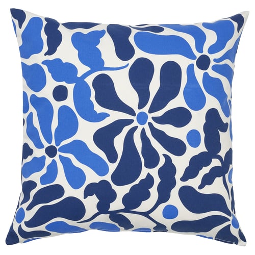 Blue & white floral outdoor square cushion, fade-resistant, recycled polyester.