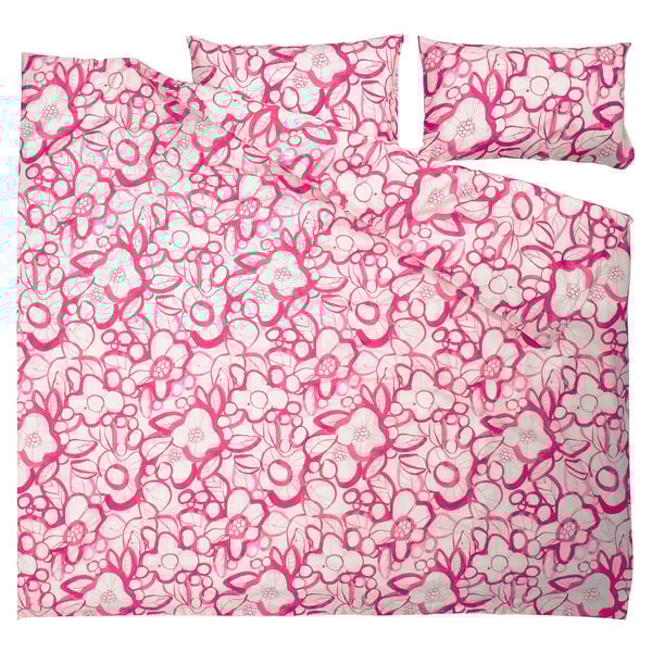 HÄRLIR Duvet cover and 2 pillowcases, white bright pink/floral pattern, 240x220/50x80 cm