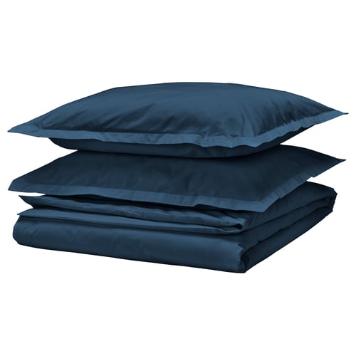 Dark blue bedding set, folded tight with crisp cotton percale and matte finish.