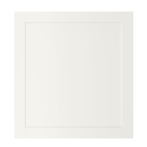 White HANVIKEN cabinet door, rectangular shape, simple design. Made of fibreboard, paper foil, plastic edging. Adds natural warmth to storage.