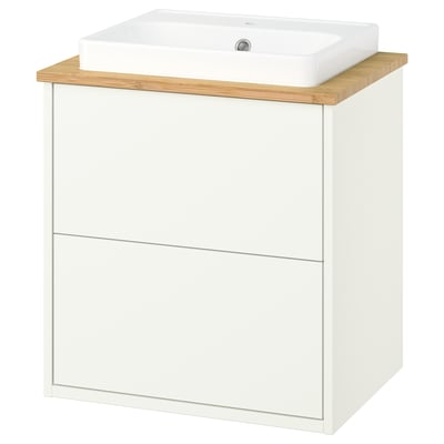 White HAVBÄCK bathroom vanity, bamboo countertop, rectangular sink, minimalist design.