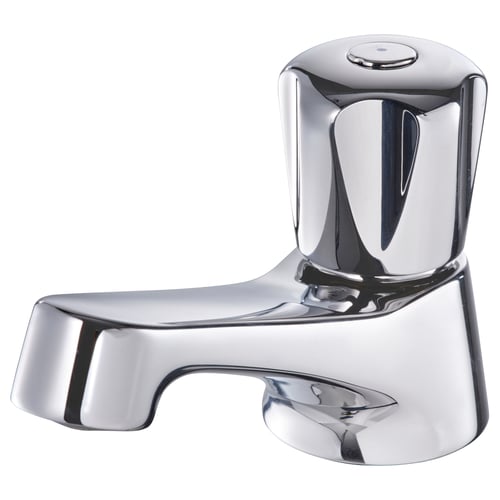A chrome HAVSJÖN tap with a sleek, curved design. Its made of brass and zinc, offering durability with a modern look.