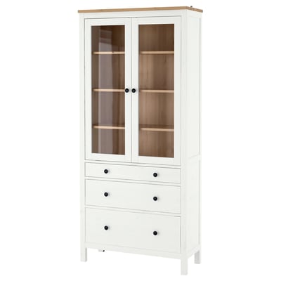 HEMNES Glass-door cabinet with 3 drawers, white stain/light brown, 90x197 cm