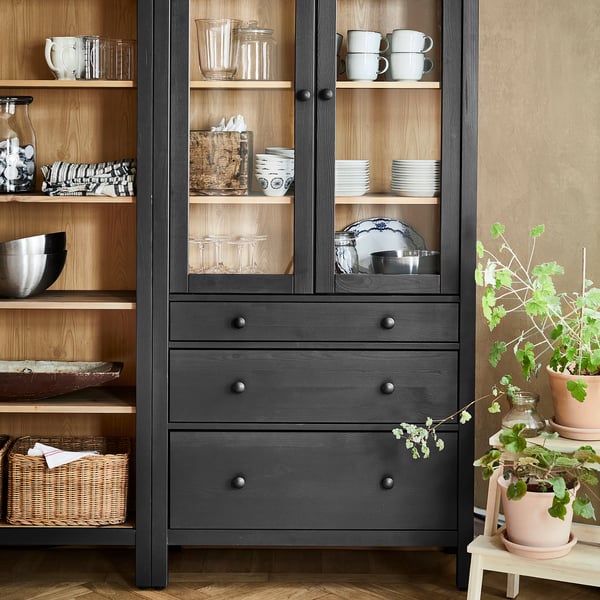HEMNES Storage combination w doors/drawers, black-brown/light brown stained, 180x197 cm