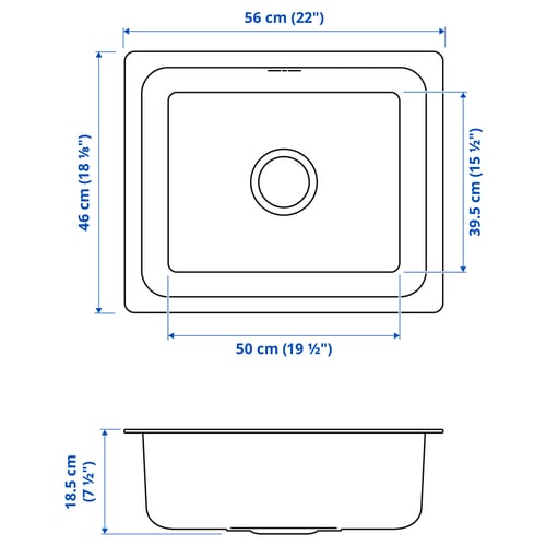 HILLESJÖN Inset sink, 1 bowl, stainless steel, 56x46 cm