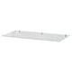 A clear IDANÄS glass shelf, square-shaped, supported by four metal brackets.