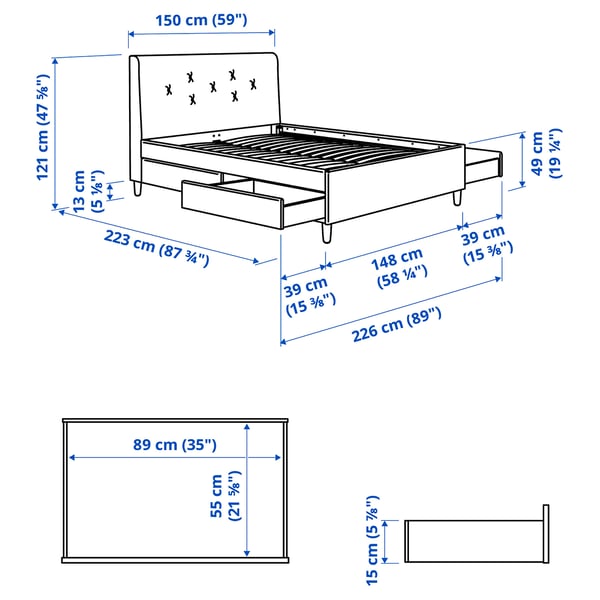 IDANÄS Upholstered storage bed, Gunnared dark grey, 140x200 cm