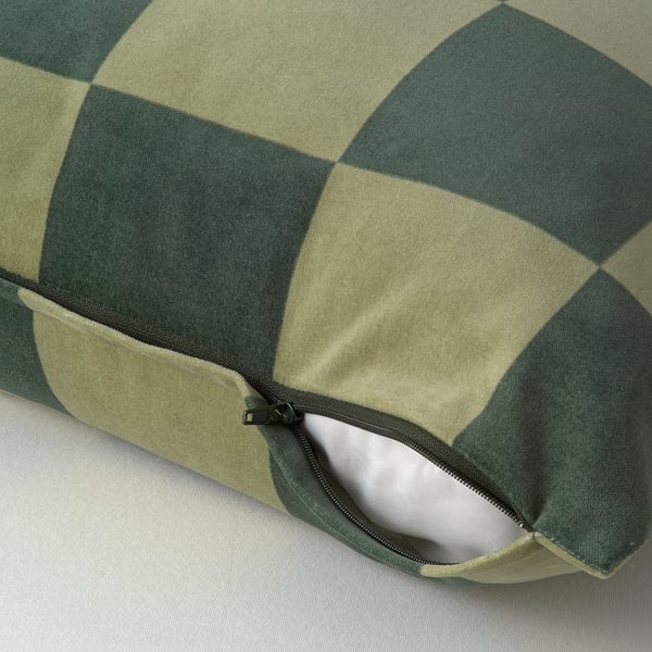 Green-toned chessboard cushion cover with hidden zip, soft cotton velvet.