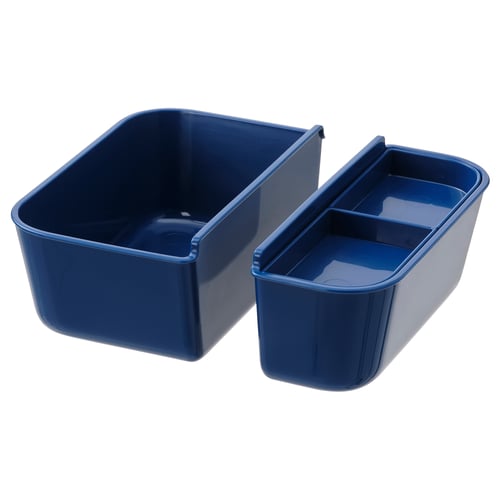 IKEA 365+ blue plastic nesting containers, square shape, two sizes, one lid.