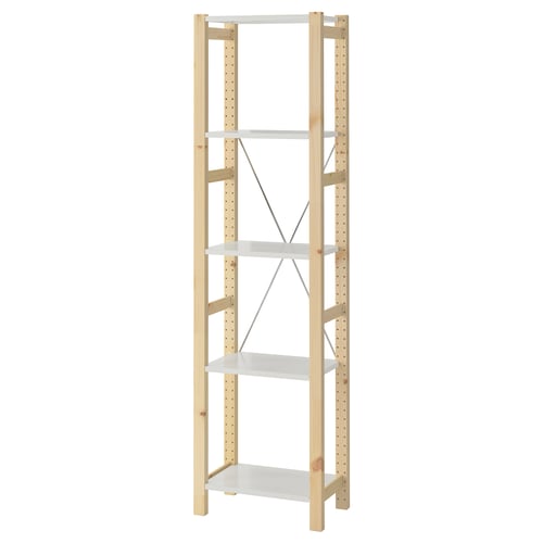 IVAR pine shelf unit, light wood, 5 tiered sections, simple design.