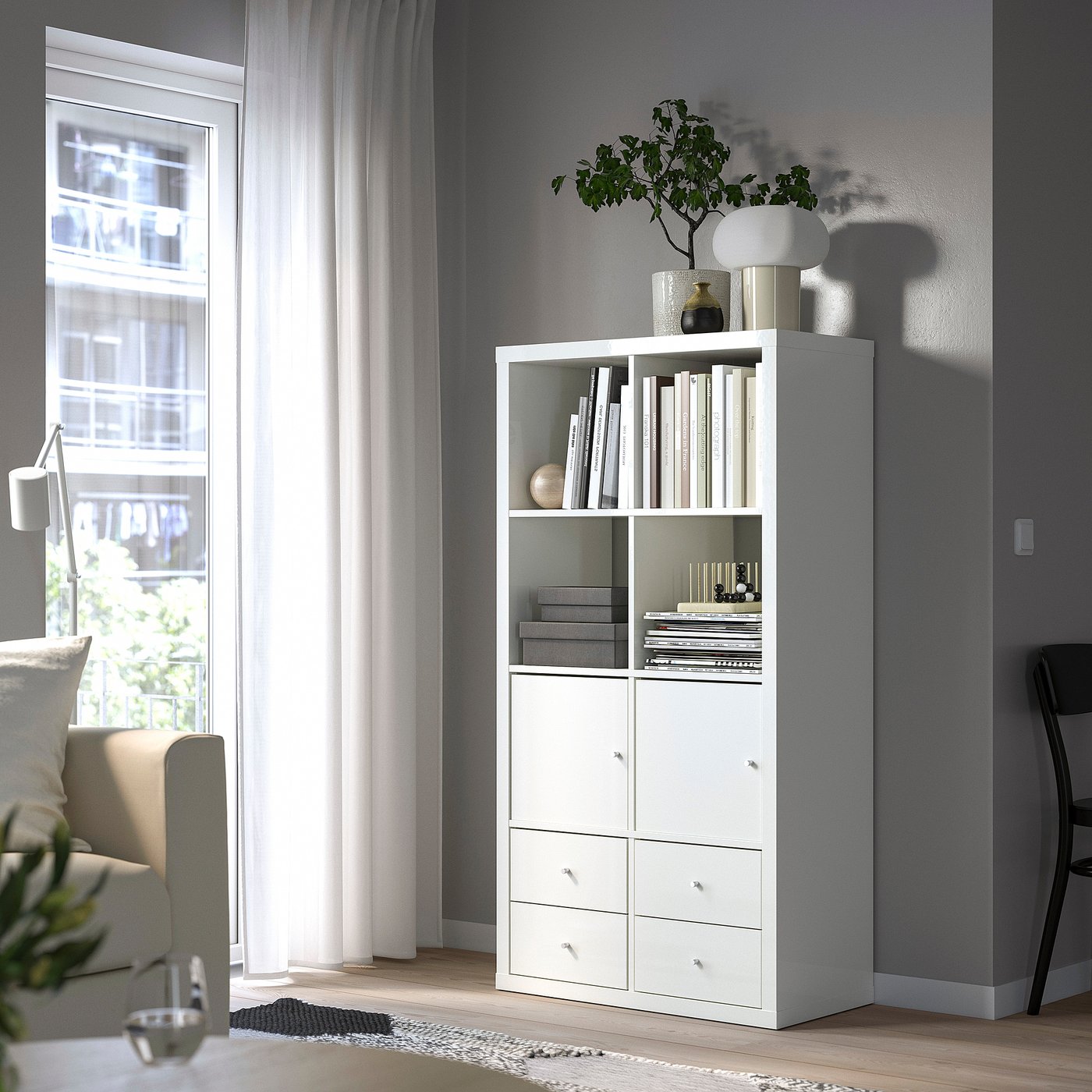 KALLAX shelving unit with 4 inserts, high-gloss/white, 147x77 cm