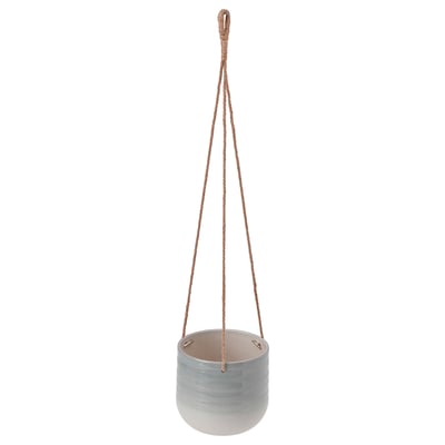 KAPKRUSBÄR hanging planter, grey, ceramic with jute string, round & minimalist design.
