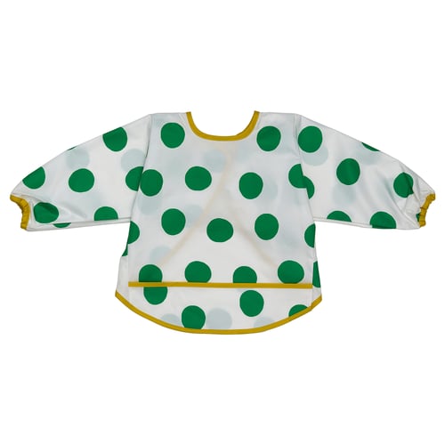 KLADDIG bib, green polka dots, white background, long sleeves, yellow trim.