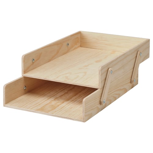KLÄMMEMACKA wooden letter tray, natural, two-tiered, minimalist design with metal fasteners.