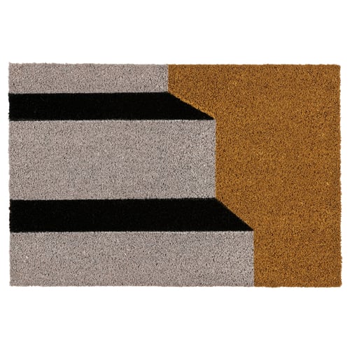 KLOTOID doormat, striped grey, black, and tan, rectangular with angled design, coir and jute fibres.