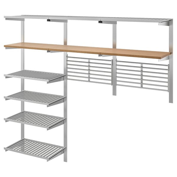 KUNGSFORS shelf set, stainless steel, wooden top, adjustable, modern, wall-mounted.