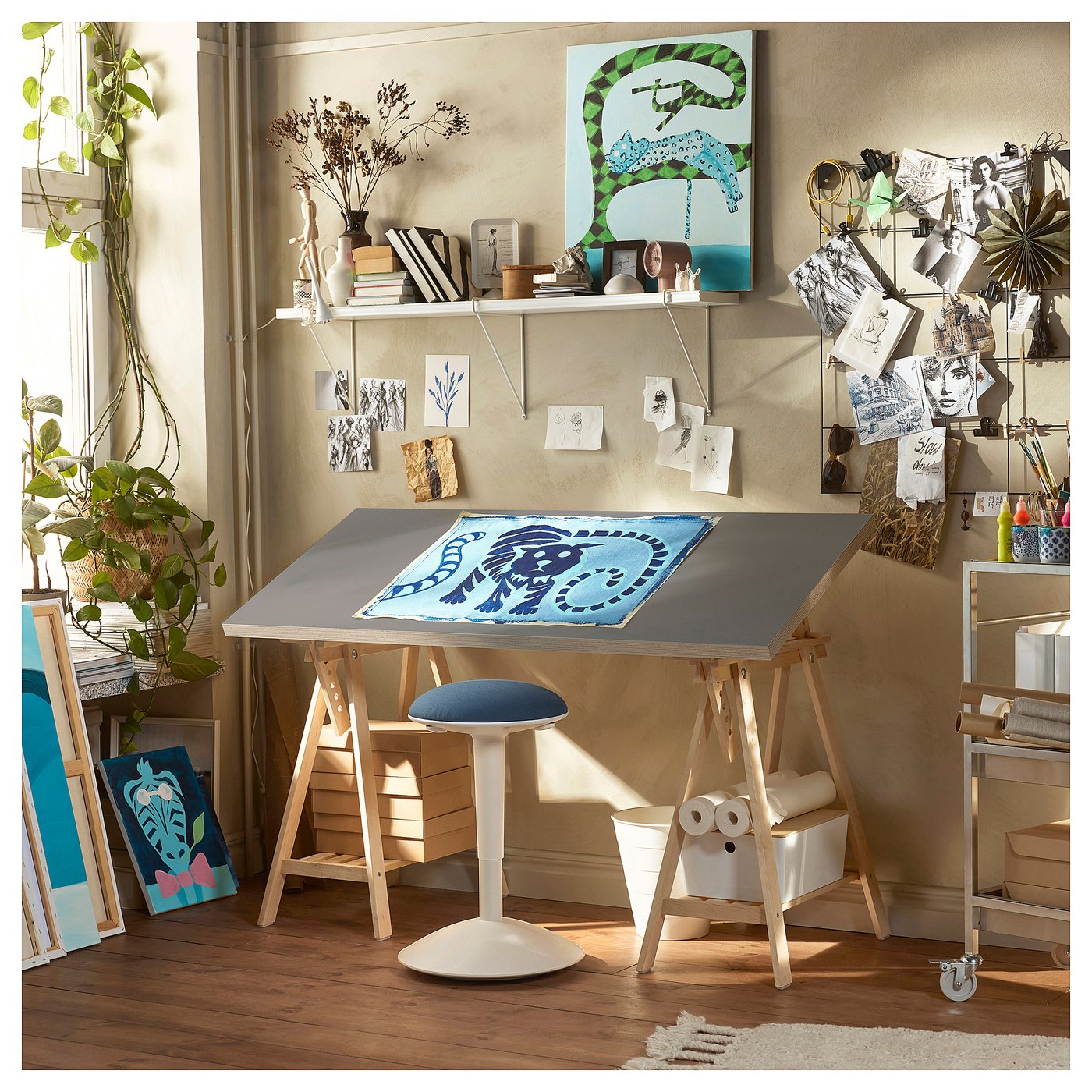 LAGKAPTEN / MITTBACK desk, grey/wood effect birch, 140x60 cm