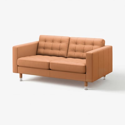 Modern brown leather loveseat, tufted backs & seats, slim legs.