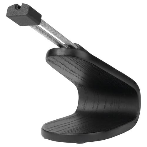 Black desk accessory, LÅNESPELARE mouse bungee, stainless steel spring, birch veneer base.
