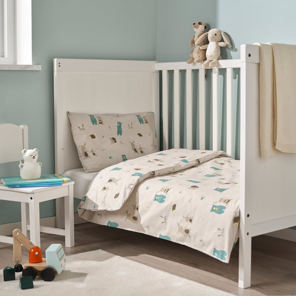 LEN Duvet cover 1 pillowcase for cot, beige/bunny and bear pattern, 110x125/35x55 cm