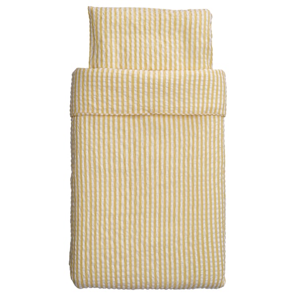 LEN bedding set. Yellow and white stripes, rectangular shape. Made of 50% viscose/rayon, 50% cotton.