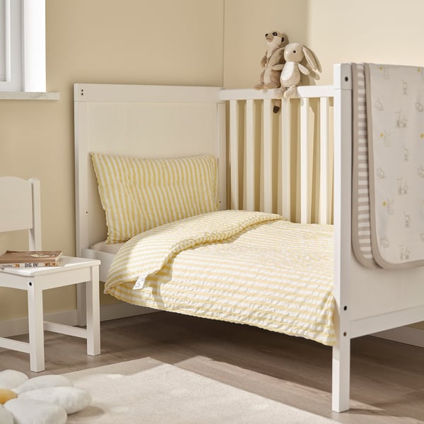 LEN Duvet cover 1 pillowcase for cot, white yellow/stripe pattern seersucker, 110x125/35x55 cm