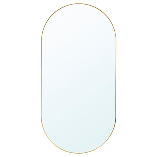 A LINDBYN gold-framed mirror with rounded corners, suitable for various rooms, enhancing space and light with its sleek, elegant design.
