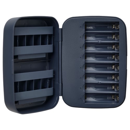 An open grey LITOSFÄR battery charger with slots for 8 rechargeable batteries.