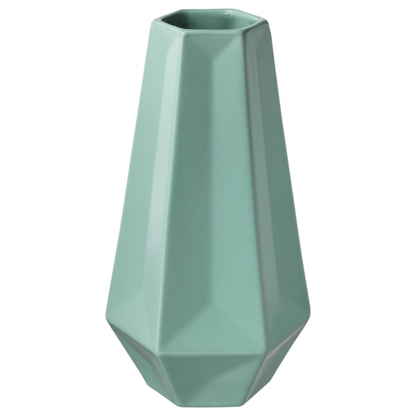 LIVSLÅNG, turquoise ceramic vase, hexagonal shape, modern design, plain surface, flower holder.