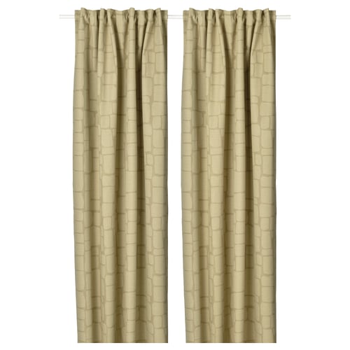 Two light olive green LÖNNSTÄVMAL jacquard-woven block-out curtains hang side by side, featuring an elegant textured pattern.