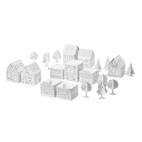 MÅLA craft set: grey cardboard houses & trees for kids to assemble & paint.
